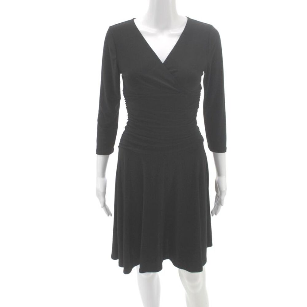 Rekucci Women Wrap Dress Black V-Neck 3/4 Sleeve Knee Length Size 2P
